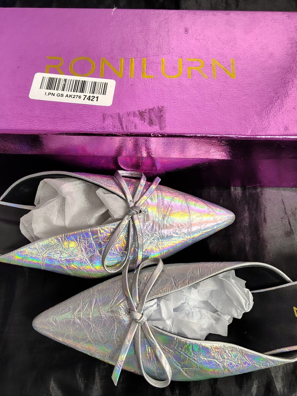 Ronilurn Silver Holographic Pointed-Toe Bow Flats